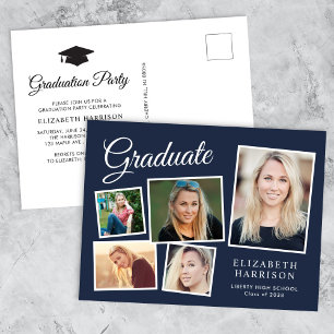 Modern 5 Photo Collage Blue Graduation Party Invitation Postcard