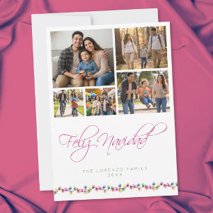 Modern 5 Photo Collage Feliz Navidad Colour Lights Holiday Card