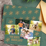 Modern 5 photo collage gold snowflakes Christmas Holiday Card<br><div class="desc">Simple stylish trendy 5 custom photos,  chic typography,  and gold copper snowflakes Merry & Bright sage green holiday card template. Easy to personalise with your pictures and family name.</div>