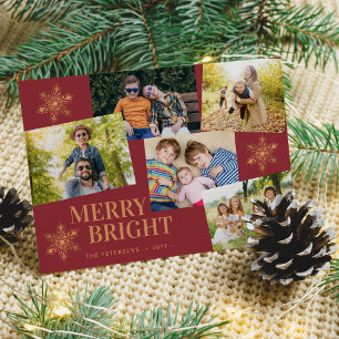 Modern 5 photo collage gold snowflakes Christmas Holiday Card