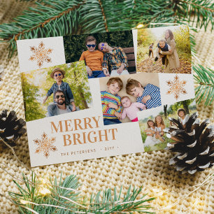 Modern 5 photo collage gold snowflakes Christmas Holiday Card