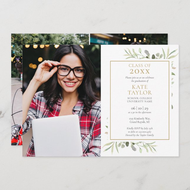 Modern 5 Photo Collage Greenery Graduation Party Invitation (Front/Back)