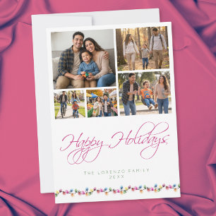 Modern 5 Photo Collage Happy Holidays Lights Holiday Card
