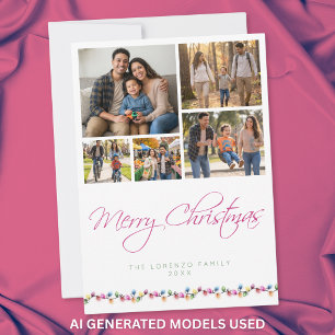 Modern 5 Photo Collage Merry Christmas Lights Holiday Card