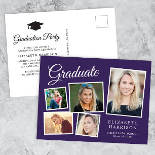 Modern 5 Photo Collage Purple Graduation Party Invitation Postcard