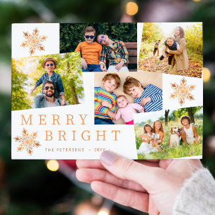 Modern 5 photo collage snowflakes gold Christmas Holiday Card
