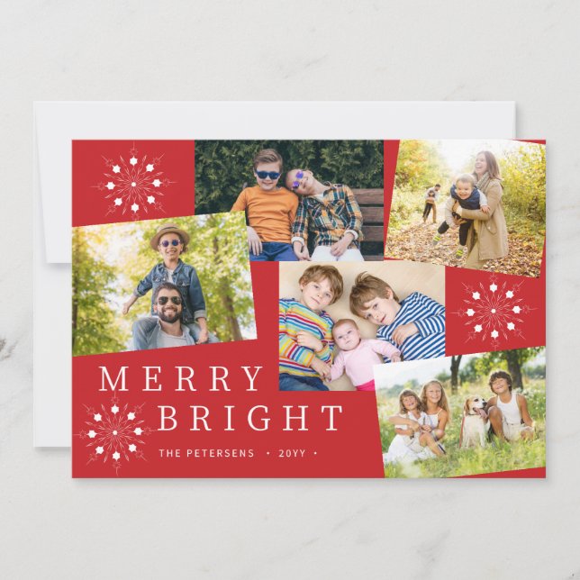Modern 5 photo collage snowflakes red Christmas Holiday Card (Front)