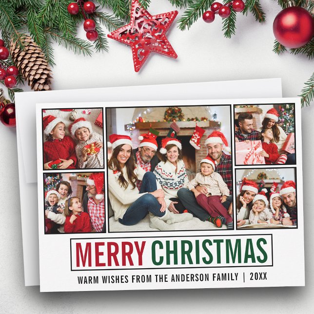 Modern 5 Photo Merry Christmas Holiday Card (Customize to add text to back of card.)