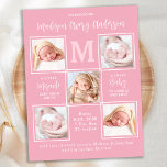 Modern 5 Photo New Baby Pink Birth Announcement Postcard<br><div class="desc">Announce your new baby to friends and family with these elegant, fun modern and unique photo collage birth announcement cards. Customise with 5 of your photos, and personalise with monogram initial, name, birth stats. Inspirational quote: "A little Miracle sent from above, a sweet Baby to cuddle and love" . COPYRIGHT...</div>