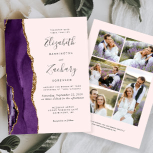 Modern 5-Photo Purple Gold Agate Blush Wedding Invitation