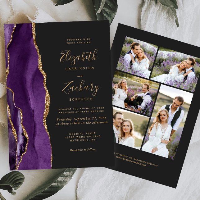 Modern 5-Photo Purple Gold Agate Dark Wedding Invitation (Creator Uploaded)