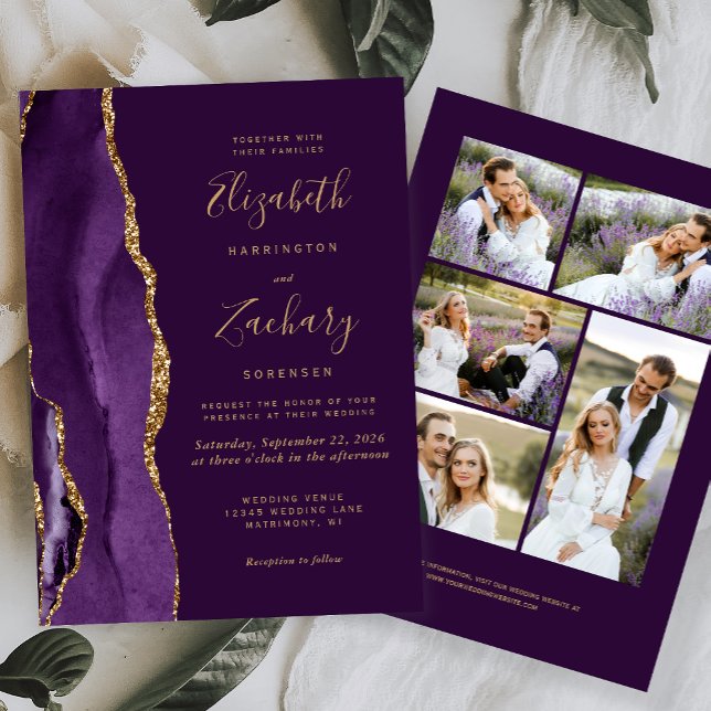 Modern 5-Photo Purple Gold Agate Plum Wedding Invitation (Creator Uploaded)