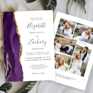 Modern 5-Photo Purple Gold Agate Wedding Invitation