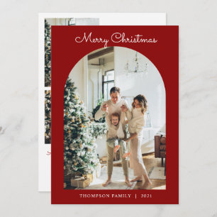 Modern 5 Photo Red Merry Christmas Arch 2 Holiday Card