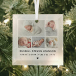 Modern 5 Photos Birth Announcement Glass Tree Decoration<br><div class="desc">Modern 5 multi photos on a grid displaying your favourite newborn infant photos with name and birth stats glass ornament.</div>