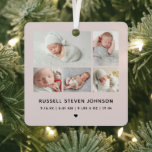 Modern 5 Photos Birth Announcement Metal Tree Decoration<br><div class="desc">Modern 5 multi photos on a grid displaying your favorite newborn infant photos with name and birth stats dusty blush rose metal ornament.</div>