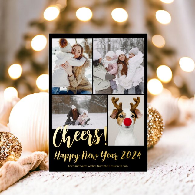 Modern 5 photos cheers Happy new year 2024 (Modern 5 photos cheers Happy new year 2024 Foil Holiday Card)