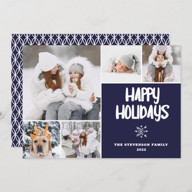 Modern 5 photos Christmas navy pattern snow happy Holiday Card (Front/Back)
