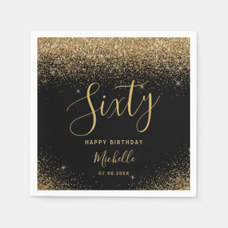 Modern 60th Birthday Black Gold Glitter Name Napkin