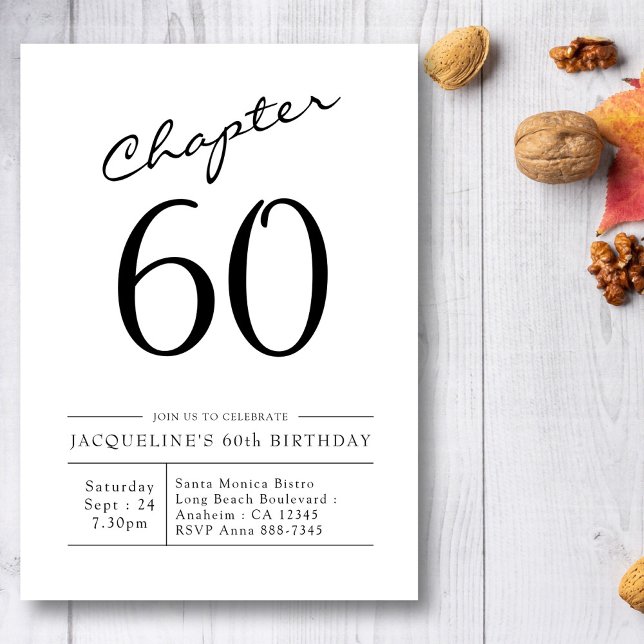 Modern 60th Birthday Black White Chapter 60 Invitation (Creator Uploaded)