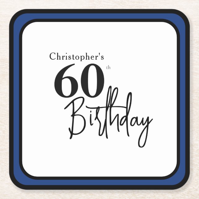 Modern 60th Birthday Coaster in Elegant Black Blue (Front)