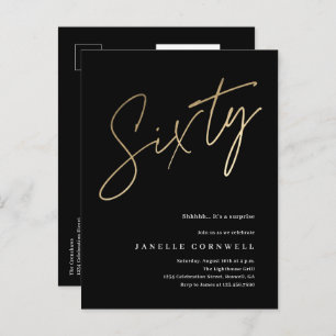 Modern 60th Birthday elegant black & gold script Invitation Postcard