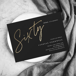 Modern 60th Birthday elegant black & gold script Invitation Postcard