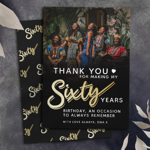 Modern 60th birthday gold black sixty script text  thank you card
