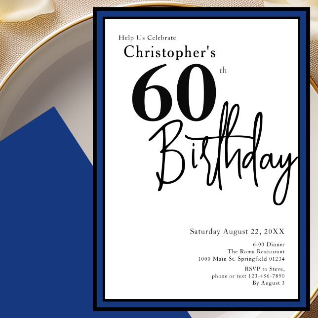 Modern 60th Birthday Invitation Elegant Black Blue (Creator Uploaded)