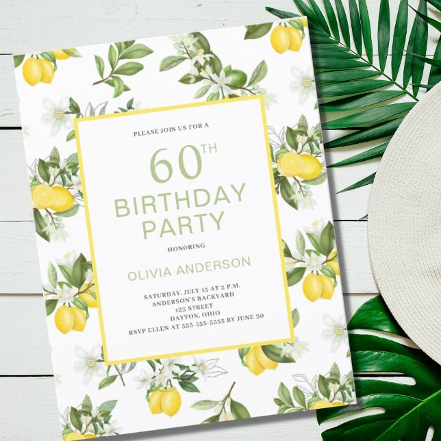Modern 60th Birthday Lemon Citrus Invitation Postcard (Creator Uploaded)