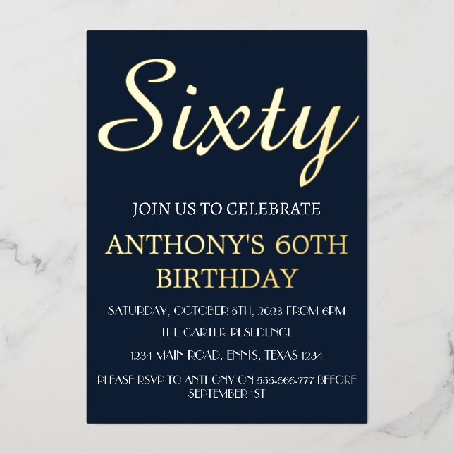 Modern 60th Birthday Navy Blue Gold Foil QR Code (Front)