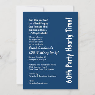 Modern 60th Birthday Party Hearty Blue and White Invitation