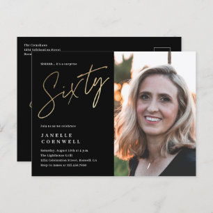 Modern 60th Birthday Photo Black & Gold Script Invitation Postcard