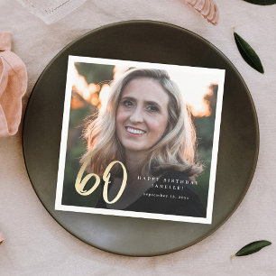Modern 60th Birthday Photo Black & Gold Script Napkin