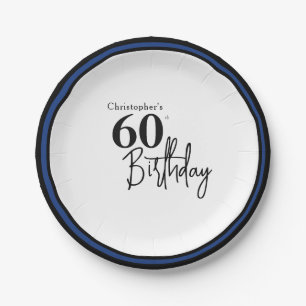 Modern 60th Birthday Plate in Elegant Black Blue