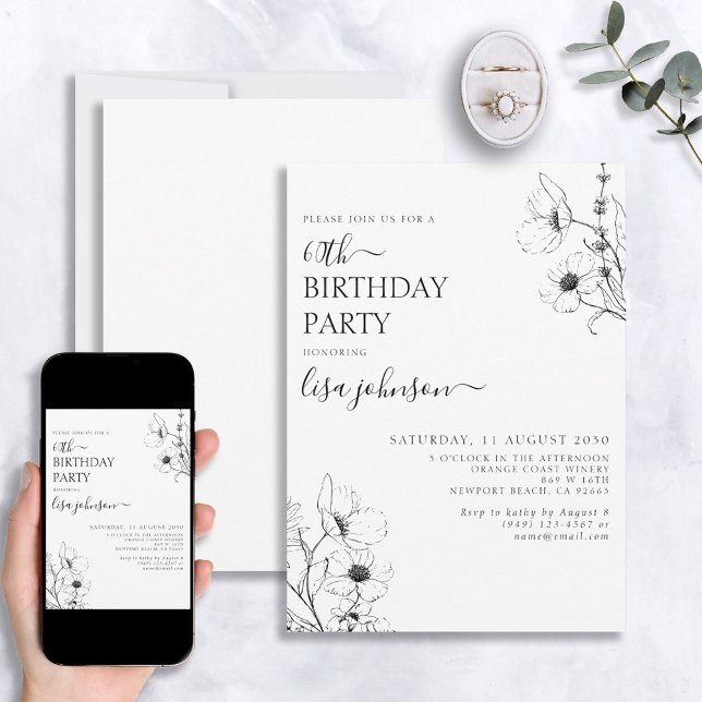 Modern 60th Birthday Script Black White Floral Invitation (Creator Uploaded)