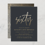 Modern 60th birthday simple stylish elegant script invitation postcard<br><div class="desc">Modern 60th birthday simple stylish elegant gold script & geometric 60th birthday invite. Modern geometric backer pattern. Part of a collection.</div>