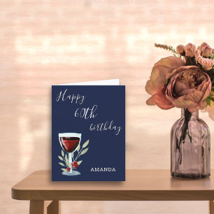 Modern 60th Happy Birthday Red Wine Navy Blue Card
