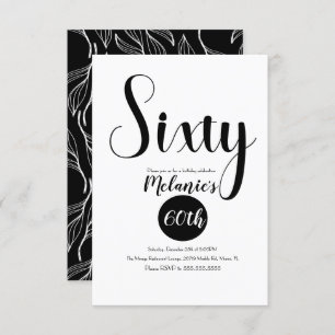 Modern 60th Script Bold Black and White Greenery Invitation