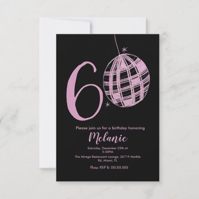Modern 60th Script Bold Black Disco Glitter Invitation (Front)