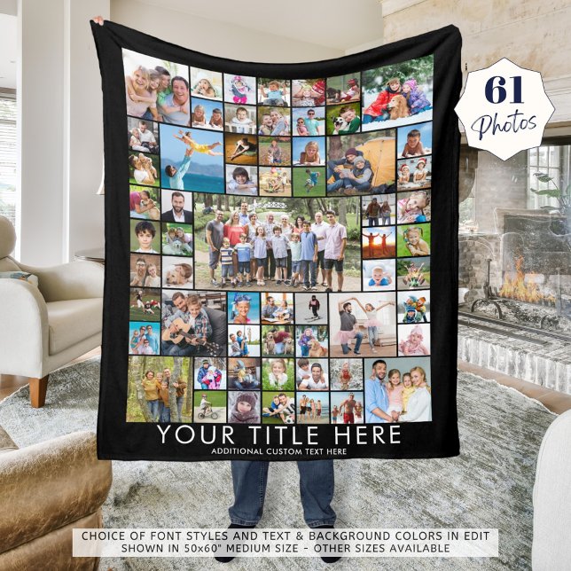 Modern 61 Photo Collage Custom Title Colour Fleece Blanket (Creator Uploaded)