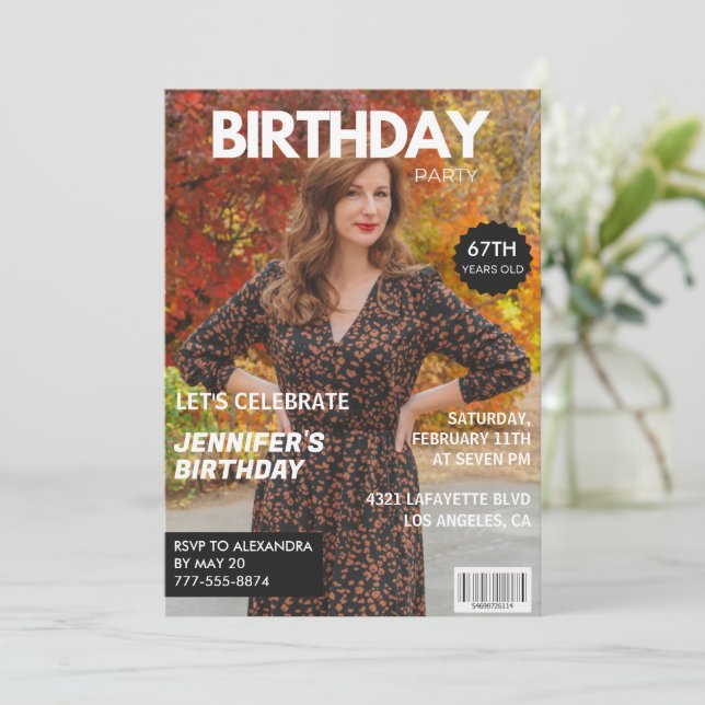 Modern 67th birthday invitations Stylish Magazine (Standing Front)