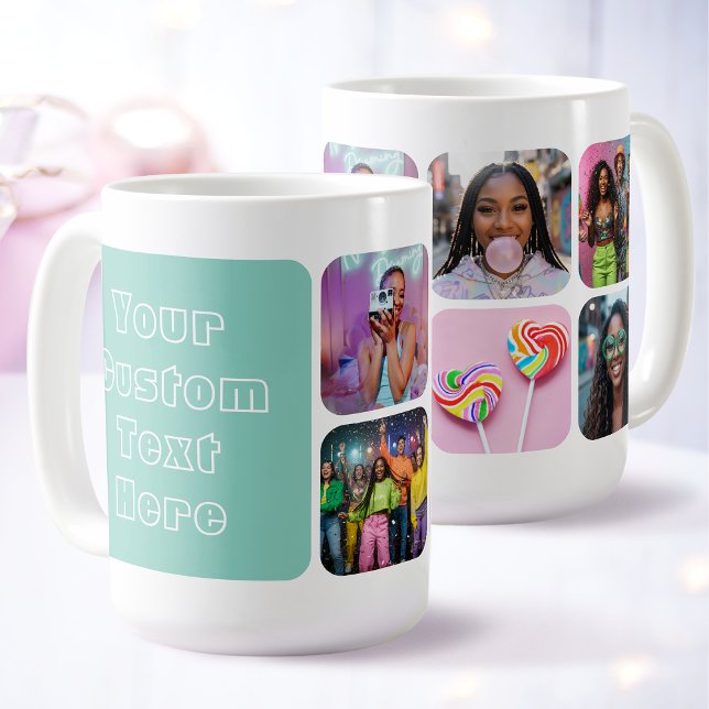 Modern 6 Custom Photo Text Besties Retro Green Coffee Mug (Creator Uploaded)