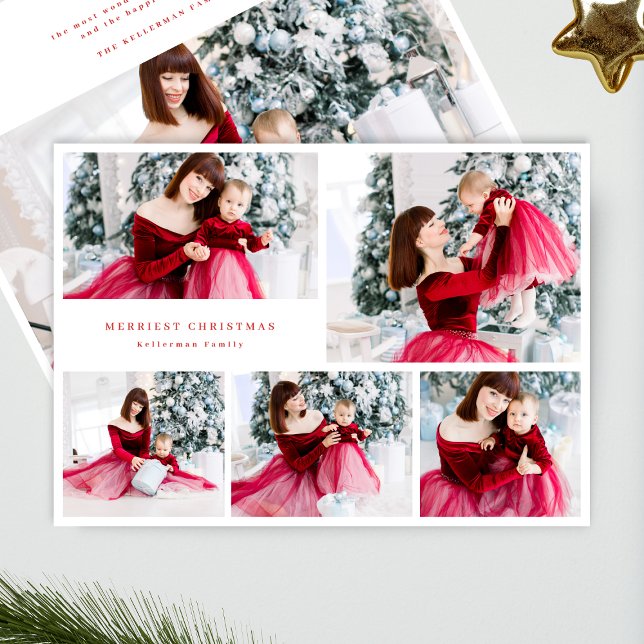 modern 6 multi Photo Collage RED merry christmas Holiday Card (Creator Uploaded)