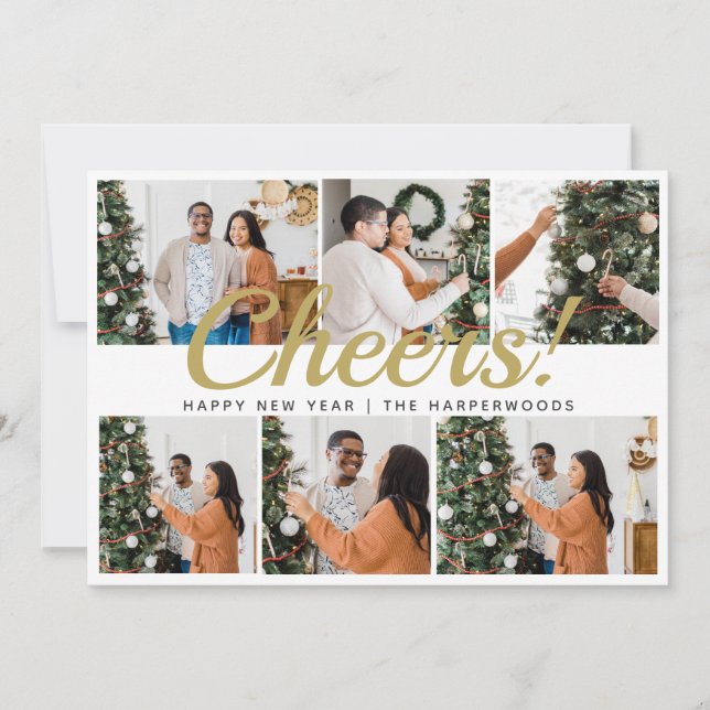 Modern 6 Photo Collage Cheers Happy New Year  Holiday Card (Front)