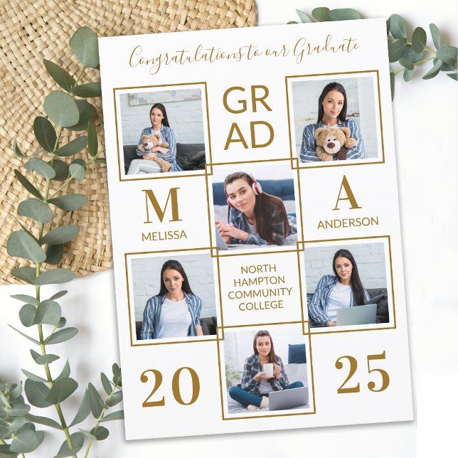 Modern 6 Photo Collage Custom Chic Gold Graduation Announcement (Creator Uploaded)