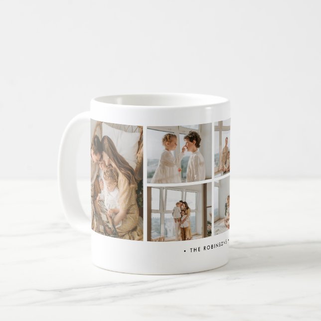 Modern 6-Photo Collage Custom Family Name Coffee Mug (Front Left)