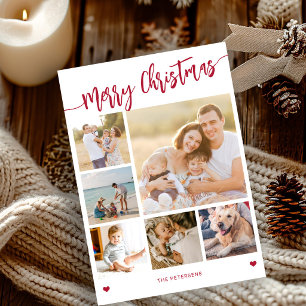 Modern 6 photo collage Merry Christmas red white Holiday Card