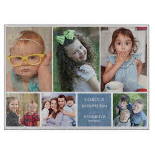 Modern 6 Photo Collage Quote Blue Family Name Cutting Board