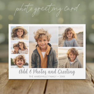 Modern 6 Photo Collage - white with grey script Holiday Card